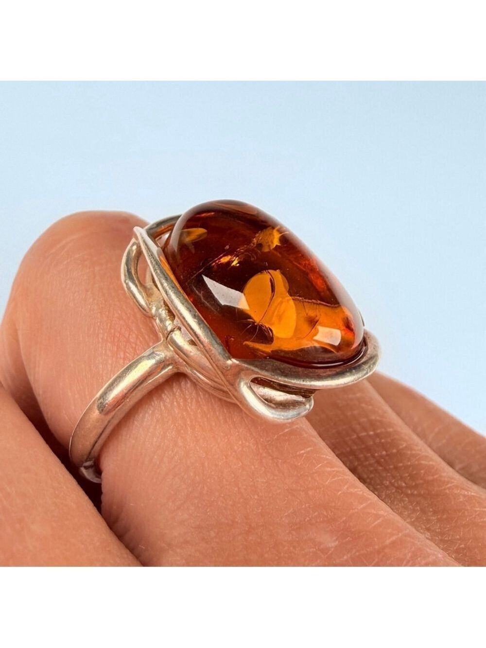 Modernist 9.8 CT Baltic Honey Amber Nested Sterling Silver VITGE Ring Adjustable - Picture 3 of 11